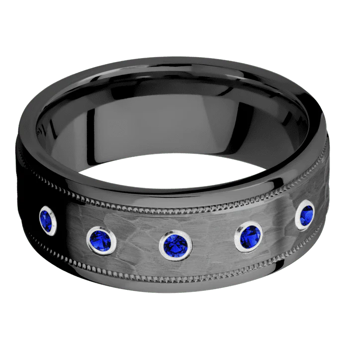 8mm wide Flat Stepped Edges Milgrain Black Zirconium Ring with Hammer Finish / 5 Round .03 carat Sapphire Bezel-Set Gemstones - Image 3