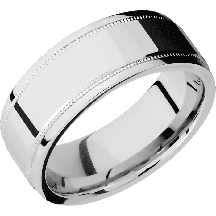 8mm wide Flat Stepped Edges Milgrain Platinum Ring with Polish Finish
