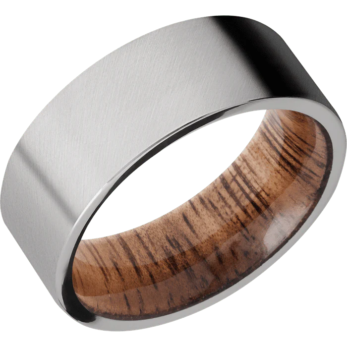 8mm wide Flat Titanium Ring with Angle Satin Finish / Koa Sleeve