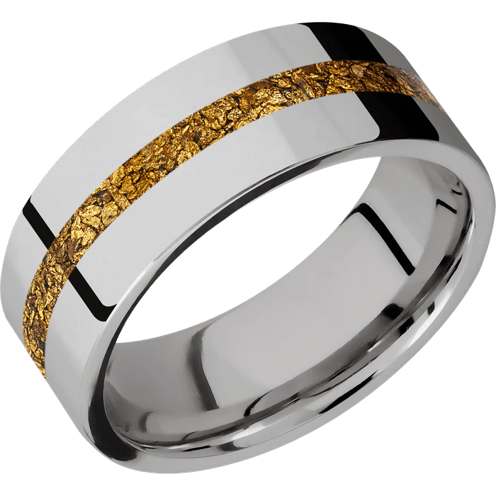8mm wide Flat Titanium Ring with Polish Finish / One 2mm Centered 24k Raw Gold Nugget Inlay