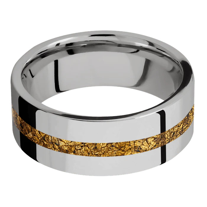 8mm wide Flat Titanium Ring with Polish Finish / One 2mm Centered 24k Raw Gold Nugget Inlay - Image 3