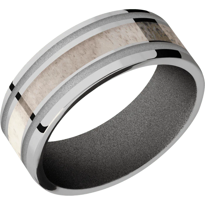 8mm wide Flat Titanium Ring with Polish Finish / Two 1mm Wide Crushed Silver Cerakote Inlay / One 3mm Centered Antler Inlay / Gun Metal Grey Cerakote Sleeve