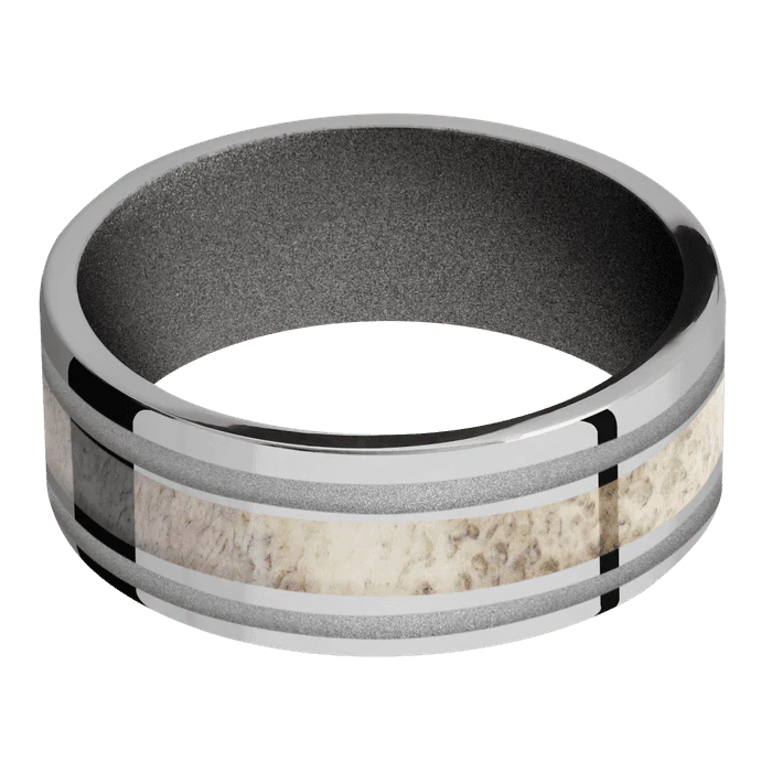 8mm wide Flat Titanium Ring with Polish Finish / Two 1mm Wide Crushed Silver Cerakote Inlay / One 3mm Centered Antler Inlay / Gun Metal Grey Cerakote Sleeve - Image 3