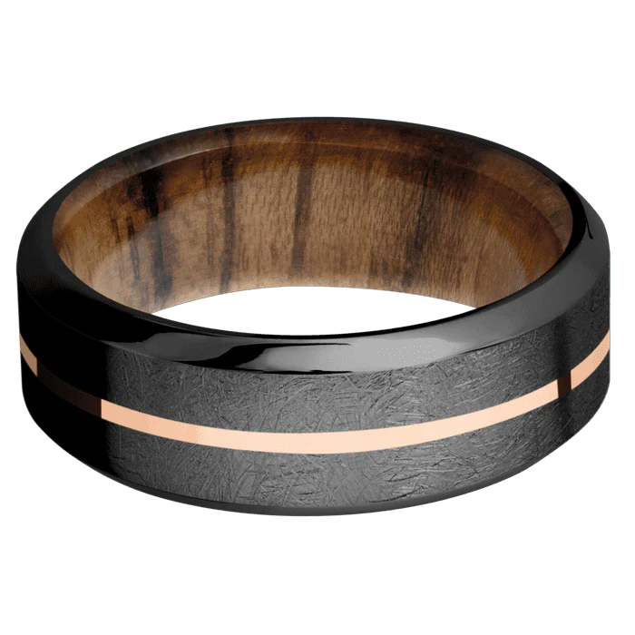 8mm wide High Bevel Black Titanium Ring with Distressed Finish / One 1mm Centered 14k Rose Gold Inlay with Polish Finish / Teak Sleeve - Image 3