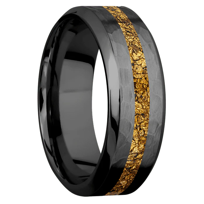 8mm wide High Bevel Black Titanium Ring with Hammer Finish / One 2mm Centered 24k Raw Gold Nugget Inlay - Image 2