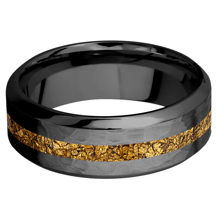8mm wide High Bevel Black Titanium Ring with Hammer Finish / One 2mm Centered 24k Raw Gold Nugget Inlay - Image 3
