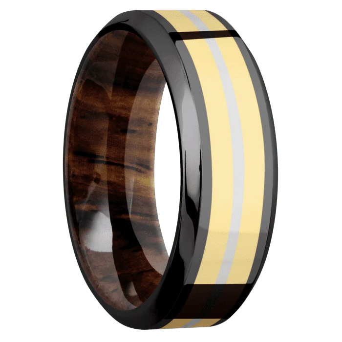 8mm wide High Bevel Black Zirconium Ring with Polish Finish / One 4mm Centered 14k Yellow Gold Inlay with Polish Finish / One 1mm Centered Platinum Inlay with Polish Finish / Cocobolo Sleeve - Image 2