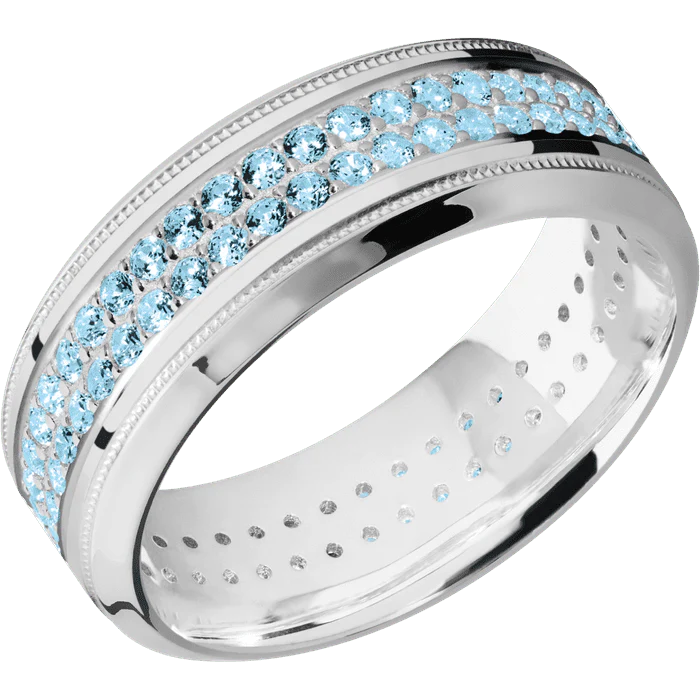 8mm wide High Bevel Milgrain 10k White Gold Ring with Polish Finish / 2 Row Eternity Round .015 carat Aqua Diamond Bead Channel-Set Gemstones