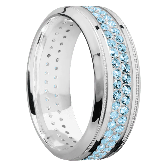8mm wide High Bevel Milgrain 10k White Gold Ring with Polish Finish / 2 Row Eternity Round .015 carat Aqua Diamond Bead Channel-Set Gemstones - Image 2