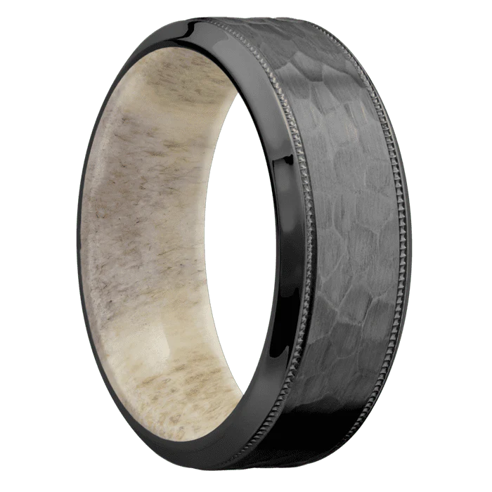 8mm wide High Bevel Milgrain Black Titanium Ring with Hammer Finish / Antler Sleeve - Image 2