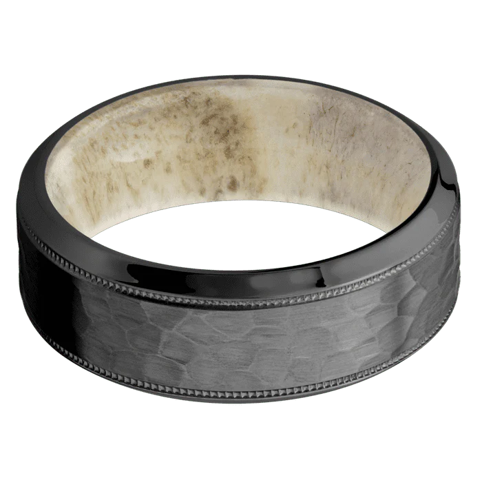 8mm wide High Bevel Milgrain Black Titanium Ring with Hammer Finish / Antler Sleeve - Image 3