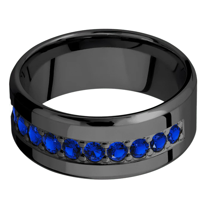 9mm wide Beveled Black Titanium Ring with Polish Finish / Half Eternity Round .07 carat Sapphire Bead-Set Gemstones - Image 3
