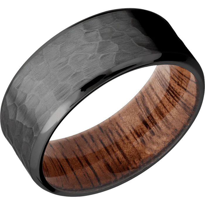 9mm wide Beveled Black Zirconium Ring with Hammer Finish / Koa Sleeve