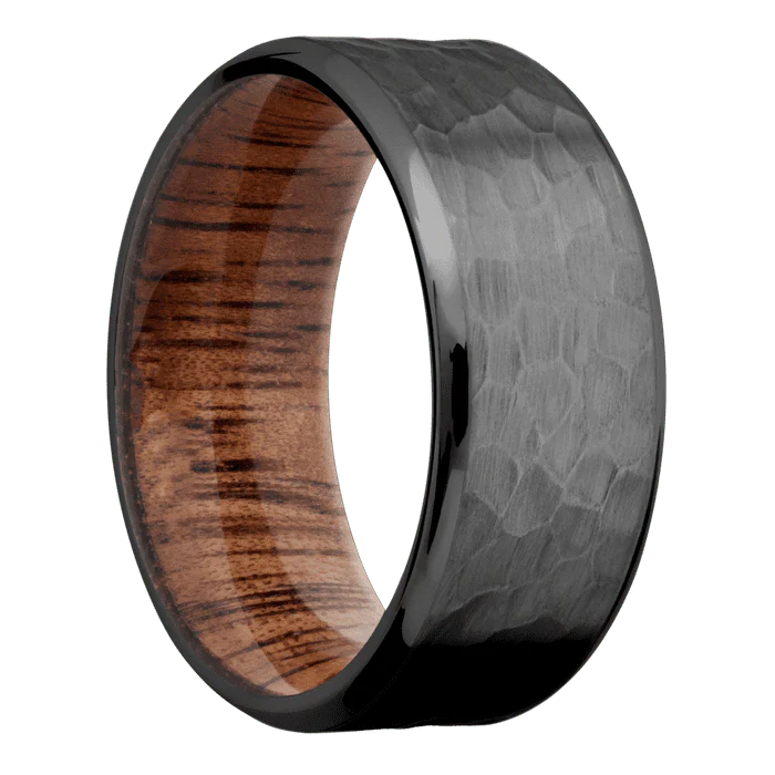 9mm wide Beveled Black Zirconium Ring with Hammer Finish / Koa Sleeve - Image 2