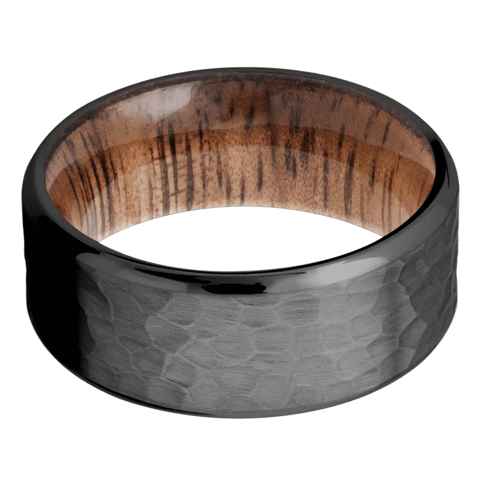 9mm wide Beveled Black Zirconium Ring with Hammer Finish / Koa Sleeve - Image 3