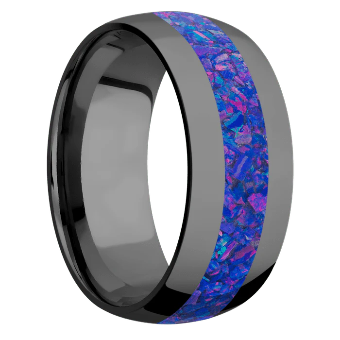 9mm wide Domed Black Titanium Ring with Polish Finish / One 4mm Centered Purple Opal Inlay - Image 2