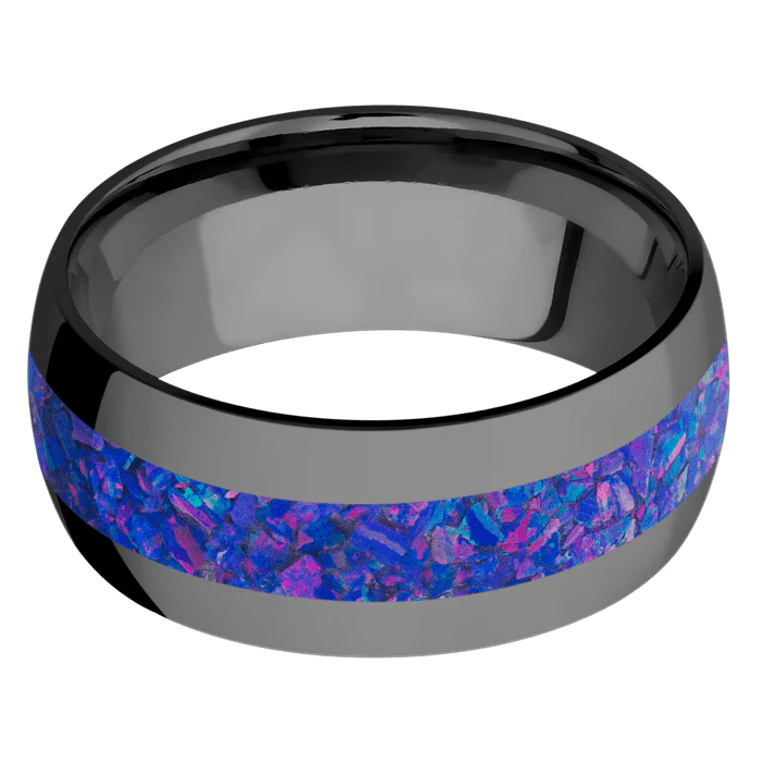 9mm wide Domed Black Titanium Ring with Polish Finish / One 4mm Centered Purple Opal Inlay - Image 3