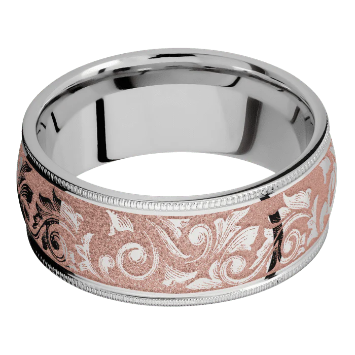 9mm wide Domed Milgrain Edges Titanium Ring with Polish Finish / Western Scroll Design and Rose Gold Cerakote Accents - Image 3