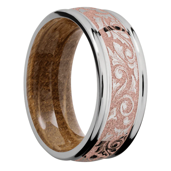 9mm wide Domed Rounded Edges Titanium Ring with Polish Finish / Western Scroll Design and Rose Gold Cerakote Accents / Whiskey Barrel Sleeve - Image 2