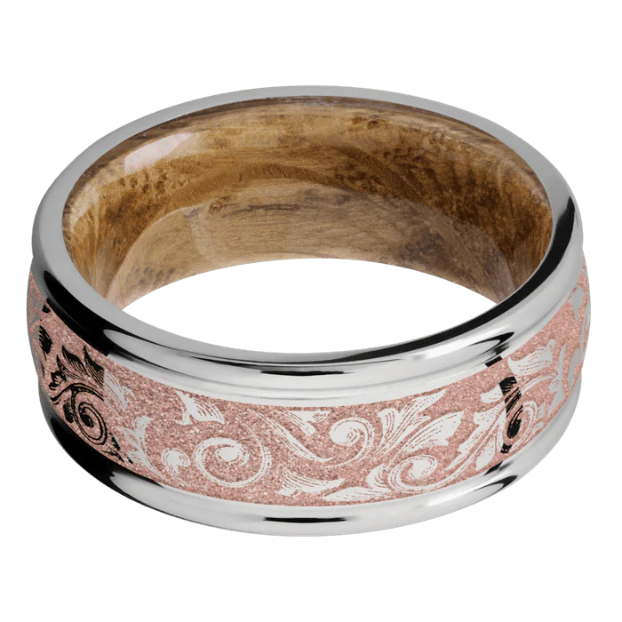 9mm wide Domed Rounded Edges Titanium Ring with Polish Finish / Western Scroll Design and Rose Gold Cerakote Accents / Whiskey Barrel Sleeve - Image 3