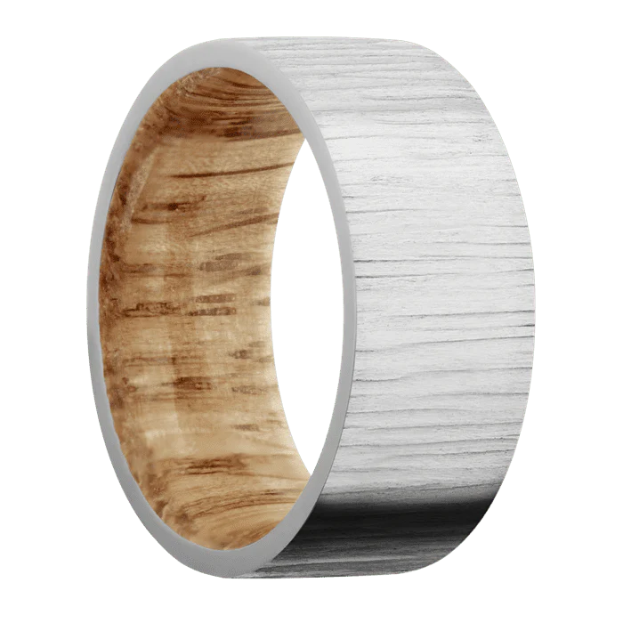 9mm wide Flat 14k White Gold Ring with Treebark 1 Finish / Natural Oak Sleeve - Image 2