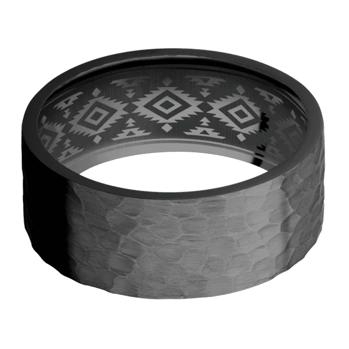 9mm wide Flat Black Titanium Ring with Hammer Finish / None Interior Pattern - Image 3