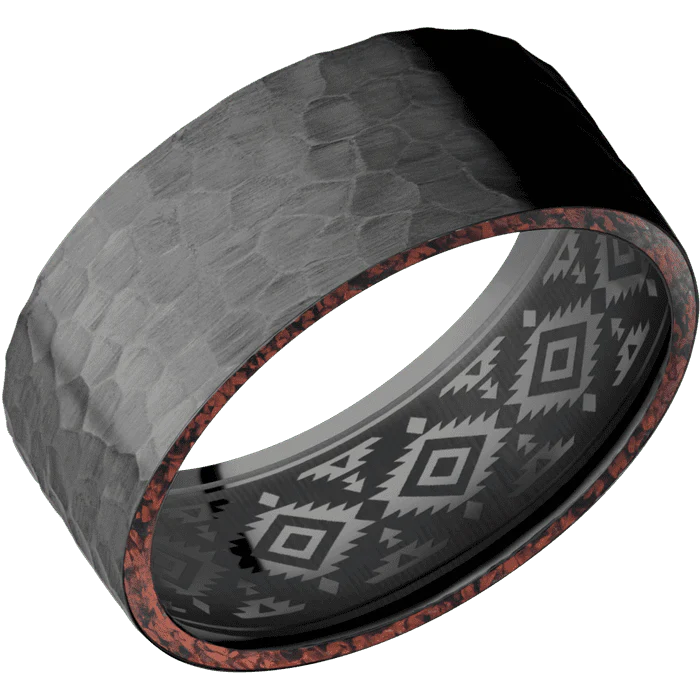 9mm wide Flat Black Titanium Ring with Hammer Finish / Two 1mm Side Red Dinosaur Bone Inlay / None Interior Pattern