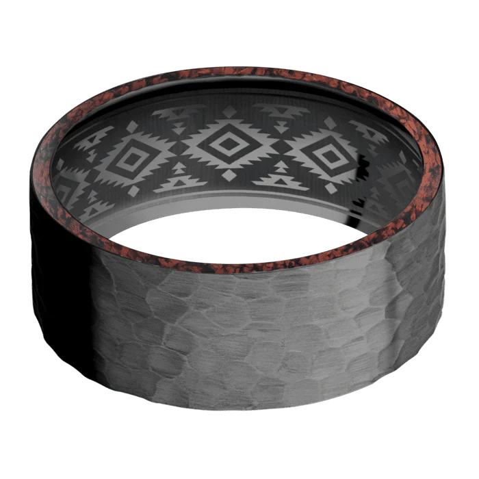 9mm wide Flat Black Titanium Ring with Hammer Finish / Two 1mm Side Red Dinosaur Bone Inlay / None Interior Pattern - Image 3