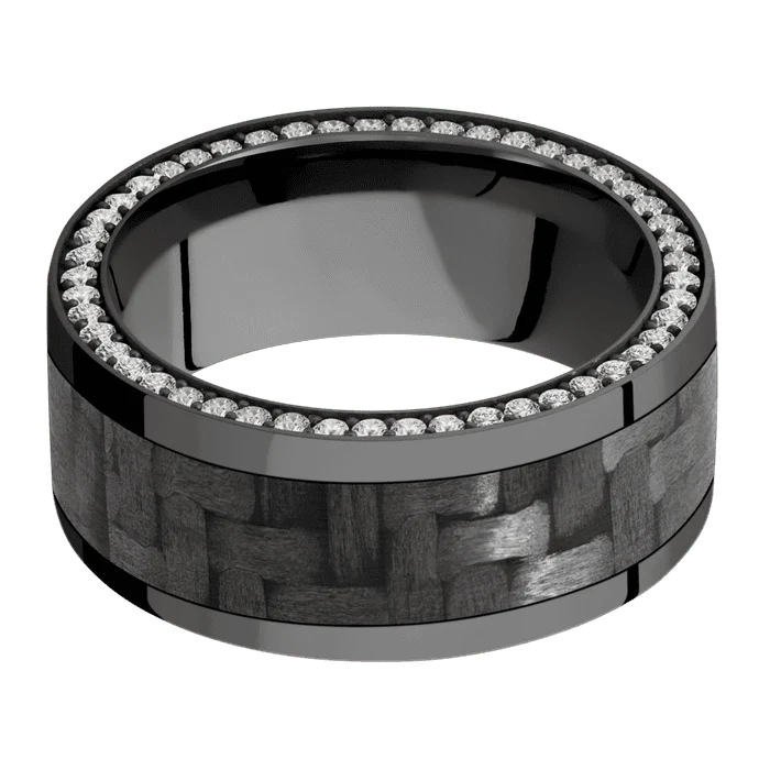 9mm wide Flat Black Titanium Ring with Polish Finish / Side Eternity Round .01 carat Standard Lab Grown Diamond Bead-Set Gemstones / One 6mm Centered Black Carbon Fiber Inlay - Image 3