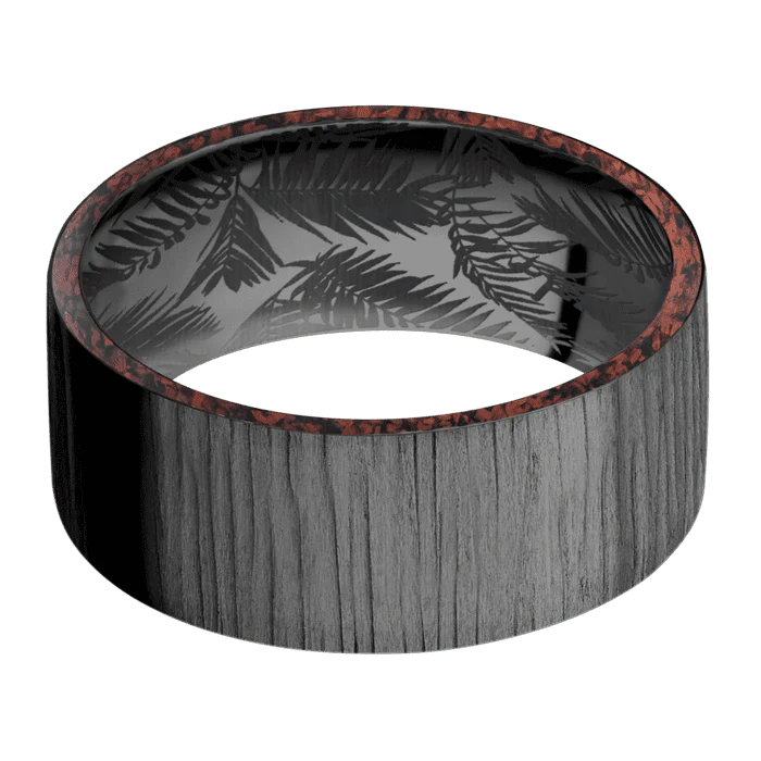 9mm wide Flat Black Titanium Ring with Treebark 1 Finish / Two 1mm Side Red Dinosaur Bone Inlay / None Interior Pattern - Image 3