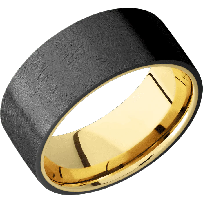 9mm wide Flat Black Zirconium Ring with Distressed Finish / 10k Yellow Gold Sleeve