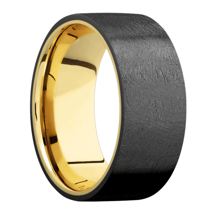 9mm wide Flat Black Zirconium Ring with Distressed Finish / 10k Yellow Gold Sleeve - Image 2