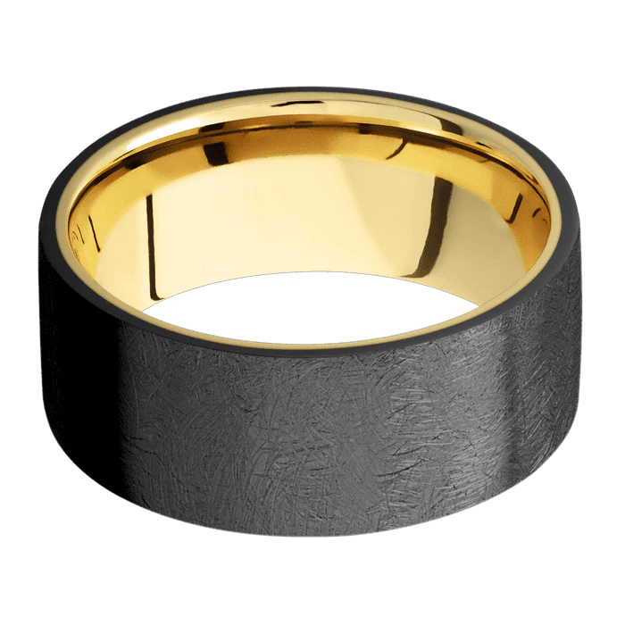 9mm wide Flat Black Zirconium Ring with Distressed Finish / 10k Yellow Gold Sleeve - Image 3