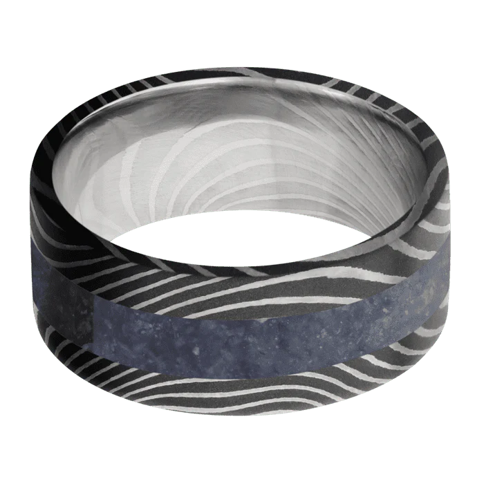 9mm wide Flat Flattwist Damascus Steel Ring with Acid Damascus Finish / One 4mm Centered Sodalite Inlay - Image 3