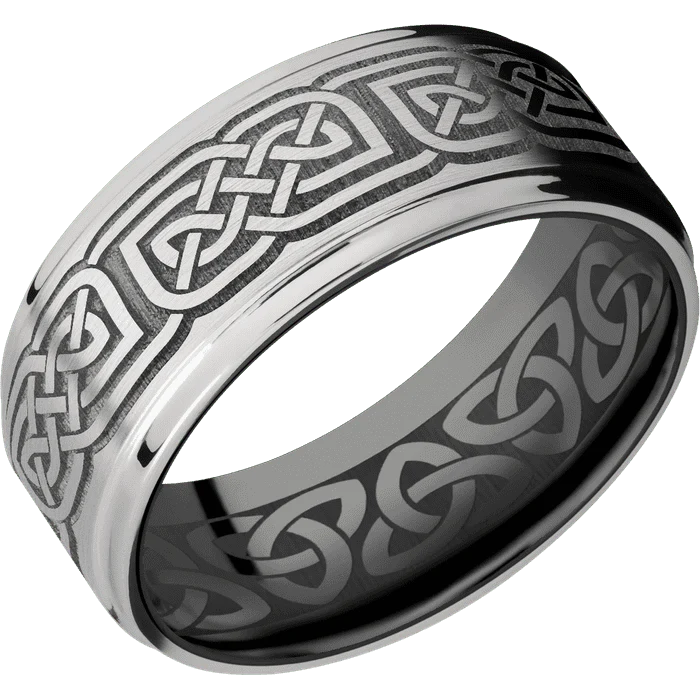 9mm wide Flat Grooved Edges 10k White Gold Ring with Satin Finish / Celtic 17 Design / Black Zirconium Sleeve / None Interior Pattern