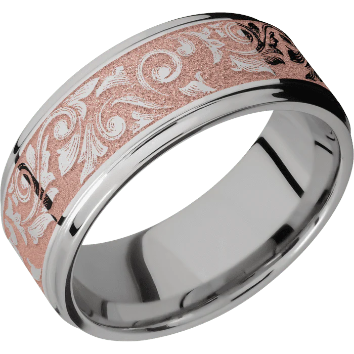 9mm wide Flat Grooved Edges Titanium Ring with Polish Finish / Western Scroll Design and Rose Gold Cerakote Accents