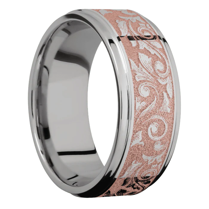 9mm wide Flat Grooved Edges Titanium Ring with Polish Finish / Western Scroll Design and Rose Gold Cerakote Accents - Image 2
