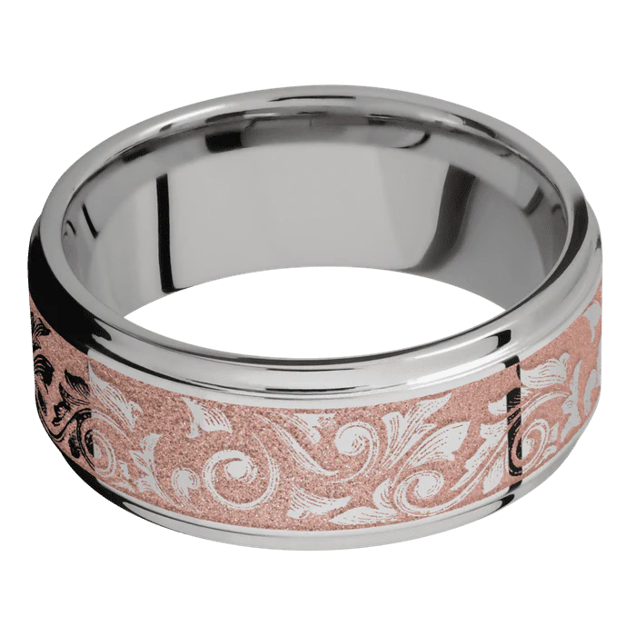 9mm wide Flat Grooved Edges Titanium Ring with Polish Finish / Western Scroll Design and Rose Gold Cerakote Accents - Image 3