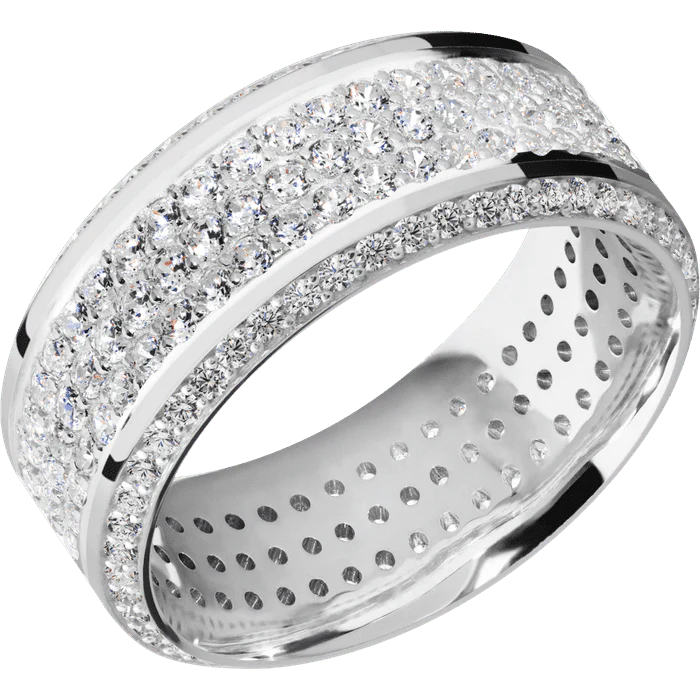 9mm wide High Bevel 14k White Gold Ring with Polish Finish / Bevel Eternity Round .01 carat Lab Grown Diamond Bead-Set Gemstones / 3 Row Eternity Round .015 carat Lab Grown Diamond Bead Channel-Set Gemstones