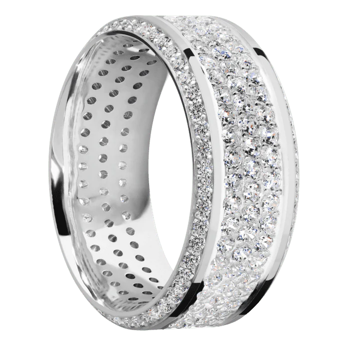 9mm wide High Bevel 14k White Gold Ring with Polish Finish / Bevel Eternity Round .01 carat Lab Grown Diamond Bead-Set Gemstones / 3 Row Eternity Round .015 carat Lab Grown Diamond Bead Channel-Set Gemstones - Image 2