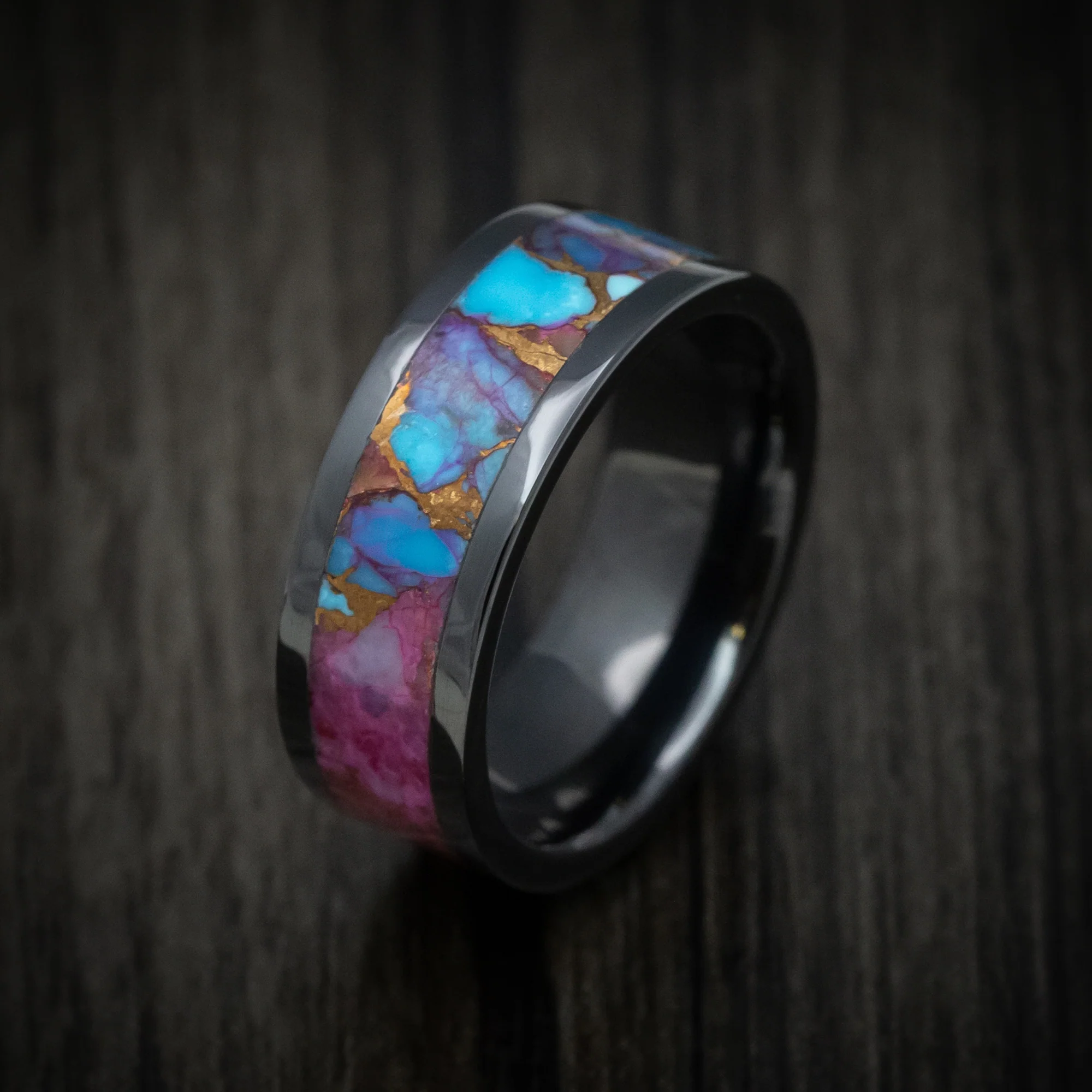 Black Ceramic Men's Ring with Purple Spiny Oyster with Turquoise Stone and Bronze Inlay - Image 3