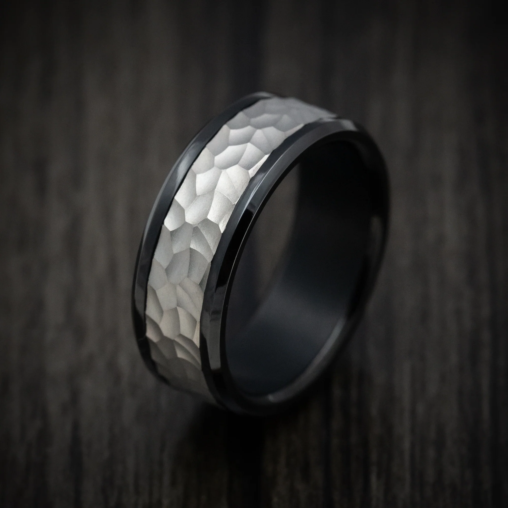 Black Tantalum Band with Hammered Titanium Inlay Custom Made Men's Ring - Image 4