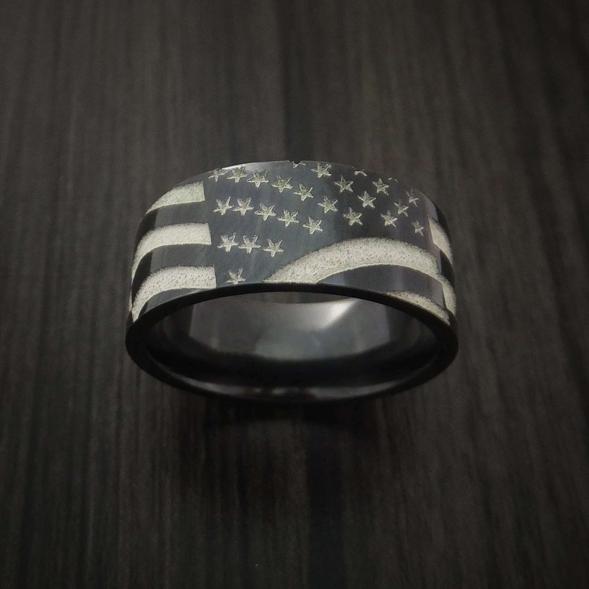 Black Titanium or Black Zirconium Custom Men's Ring with American Flag Design - Image 2