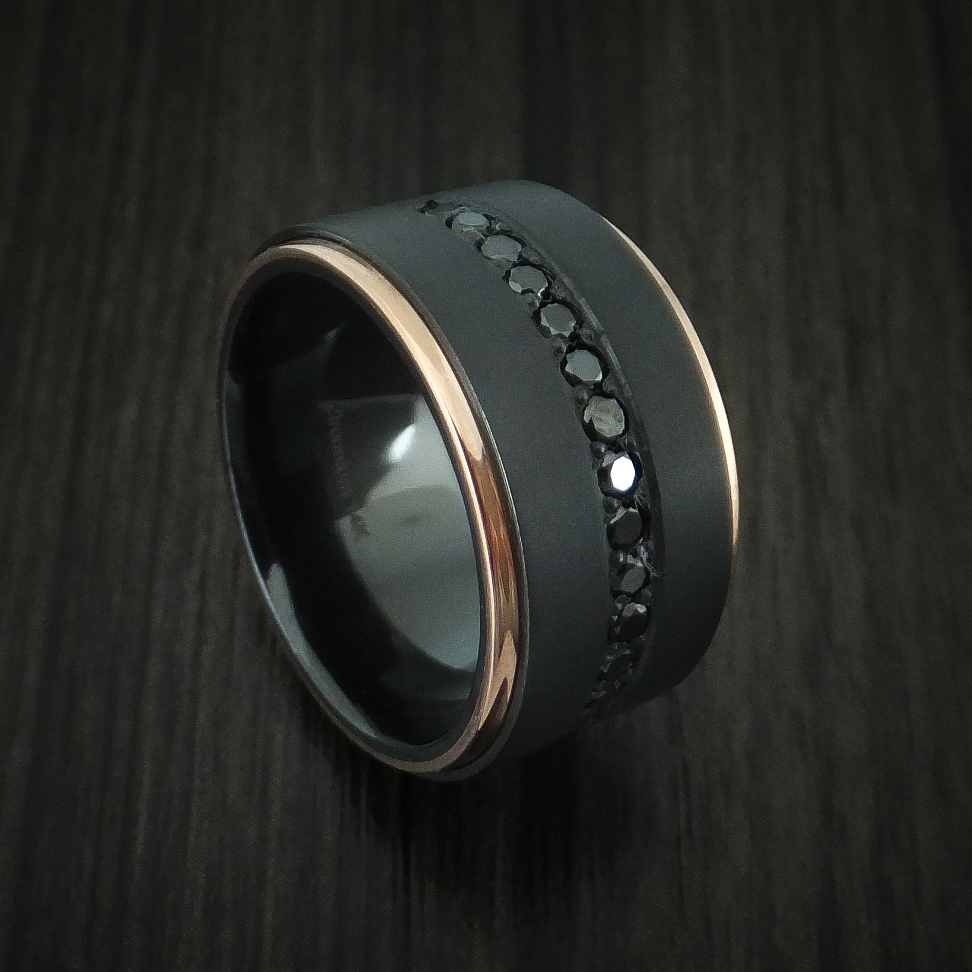 Black Titanium or Black Zirconium Custom Men's Ring with 14K Rose Gold and Black Diamonds