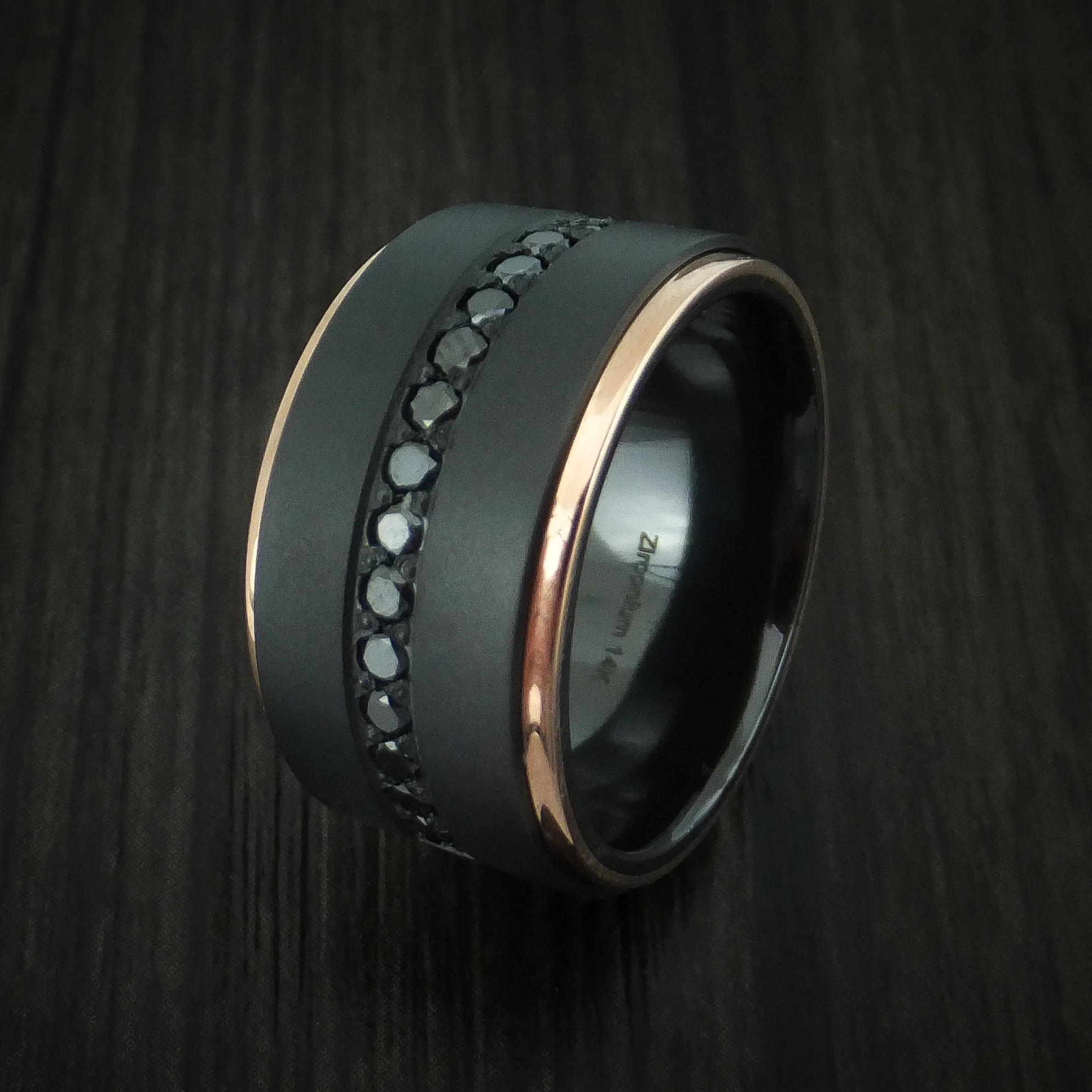 Black Titanium or Black Zirconium Custom Men's Ring with 14K Rose Gold and Black Diamonds - Image 4
