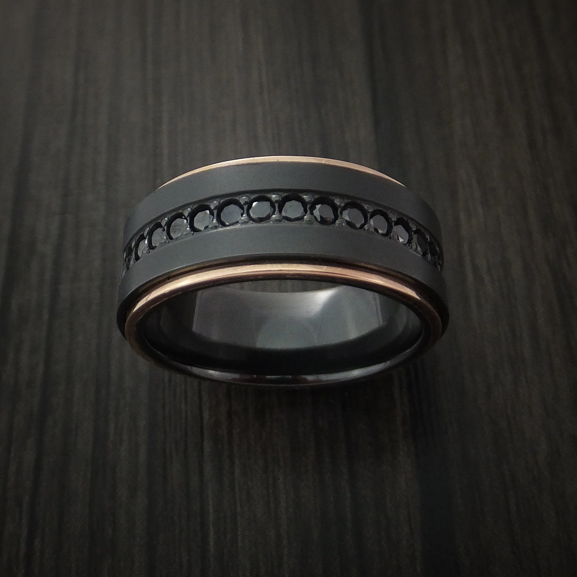 Black Titanium or Black Zirconium Custom Men's Ring with Black Diamonds and 14k Rose Gold Inlays - Image 2