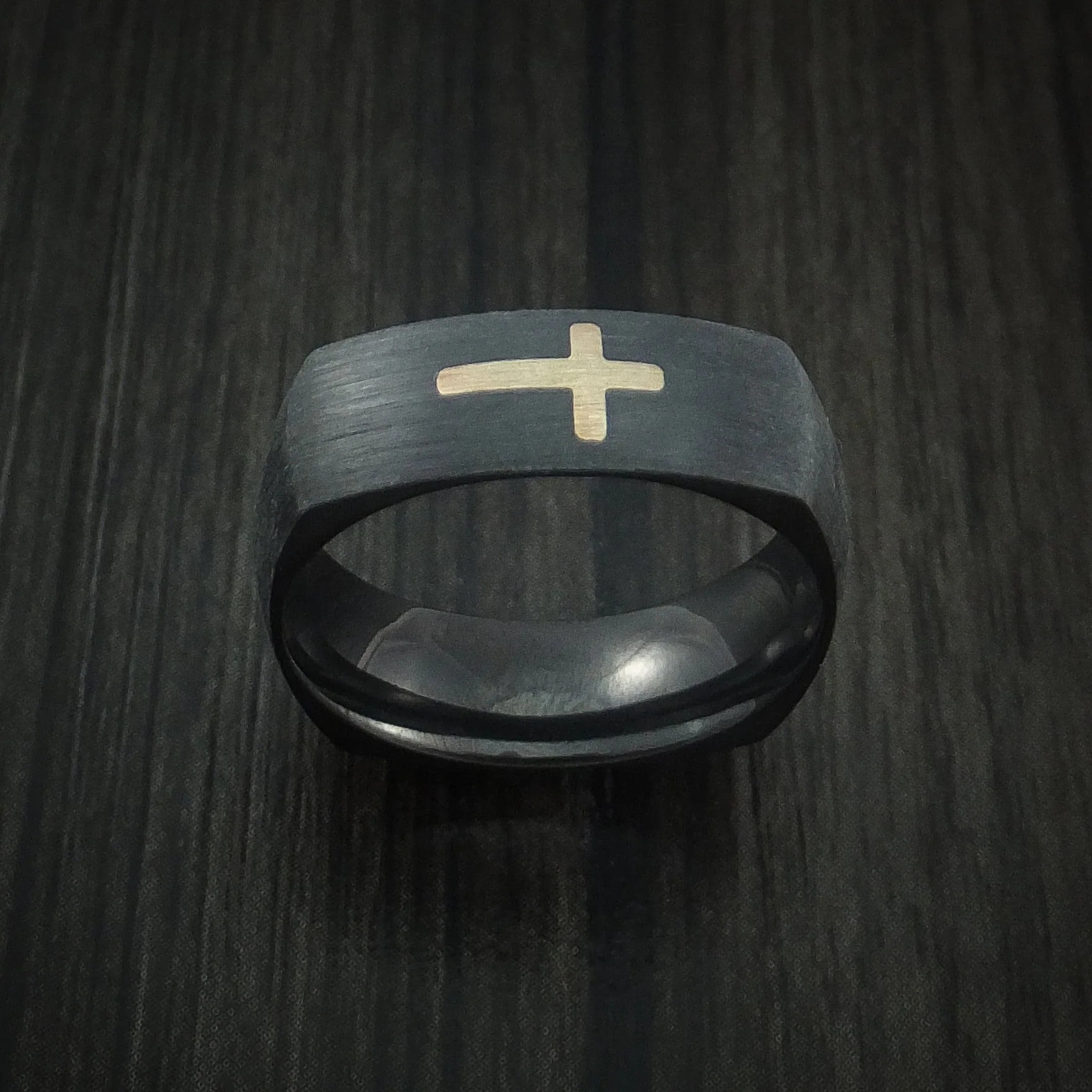 Square Black Titanium or Black Zirconium Custom Men's Ring with 14k Yellow Gold Cross - Image 2