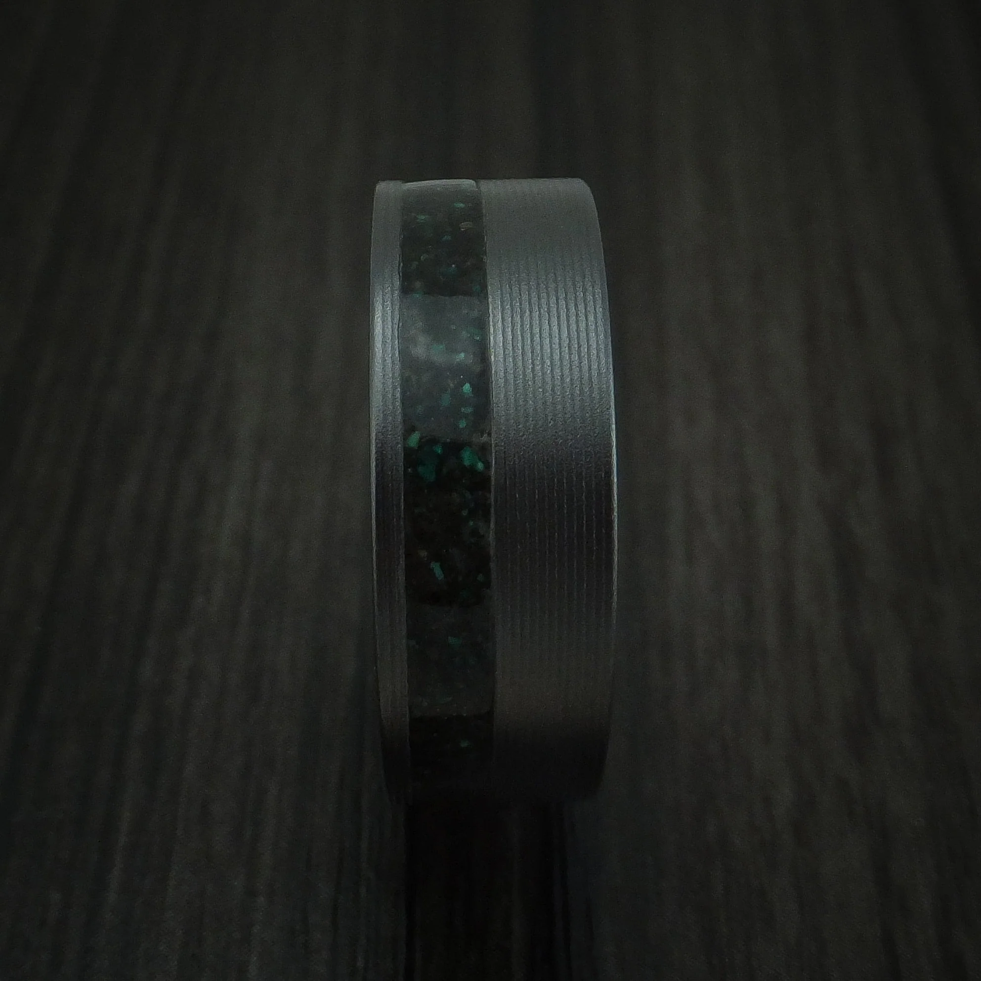Black Titanium or Black Zirconium Custom Men's Ring with Black Dinosaur Bone and Malachite - Image 3