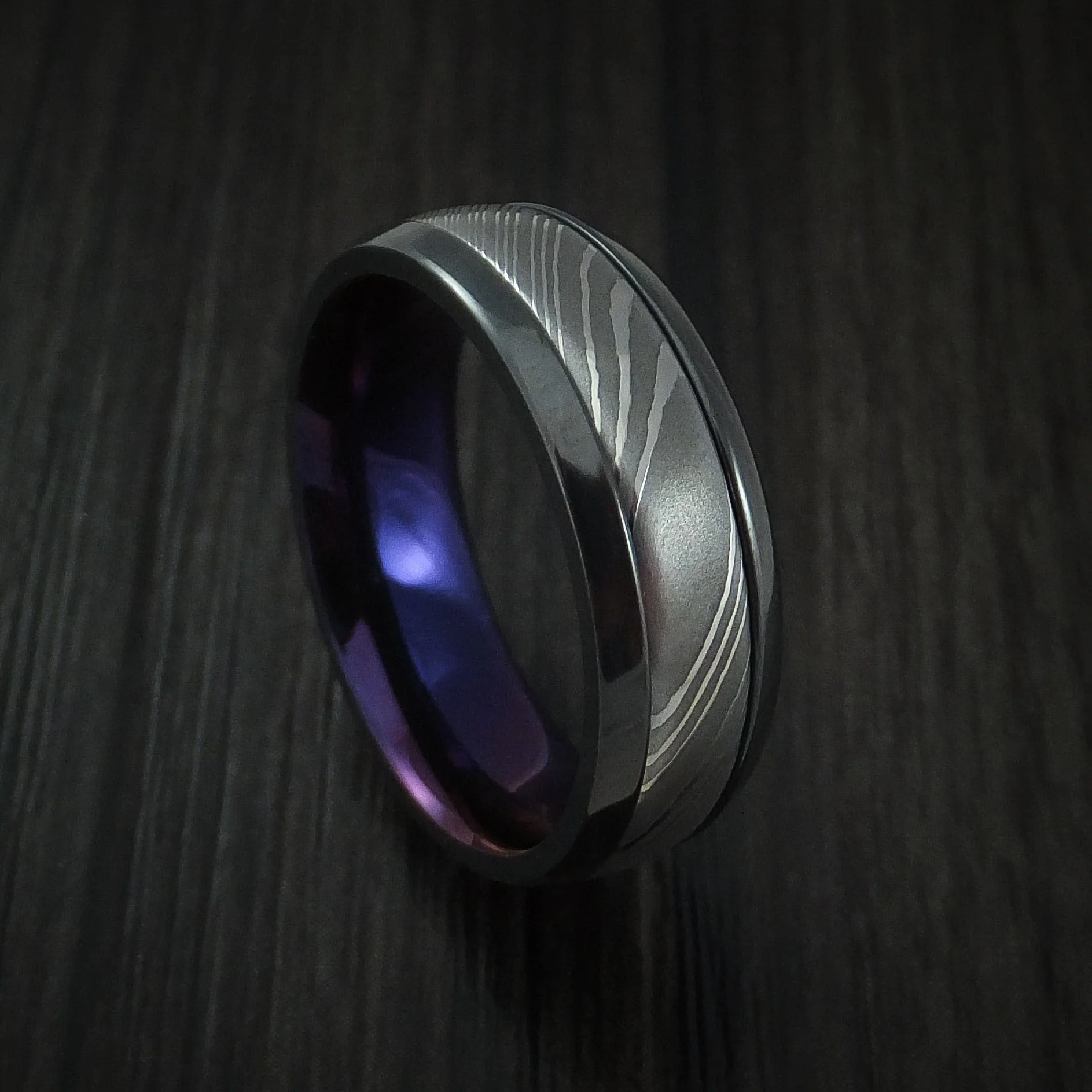 Black Titanium or Black Zirconium Custom Men's Ring with a Damascus Steel Inlay and an Anodized Interior
