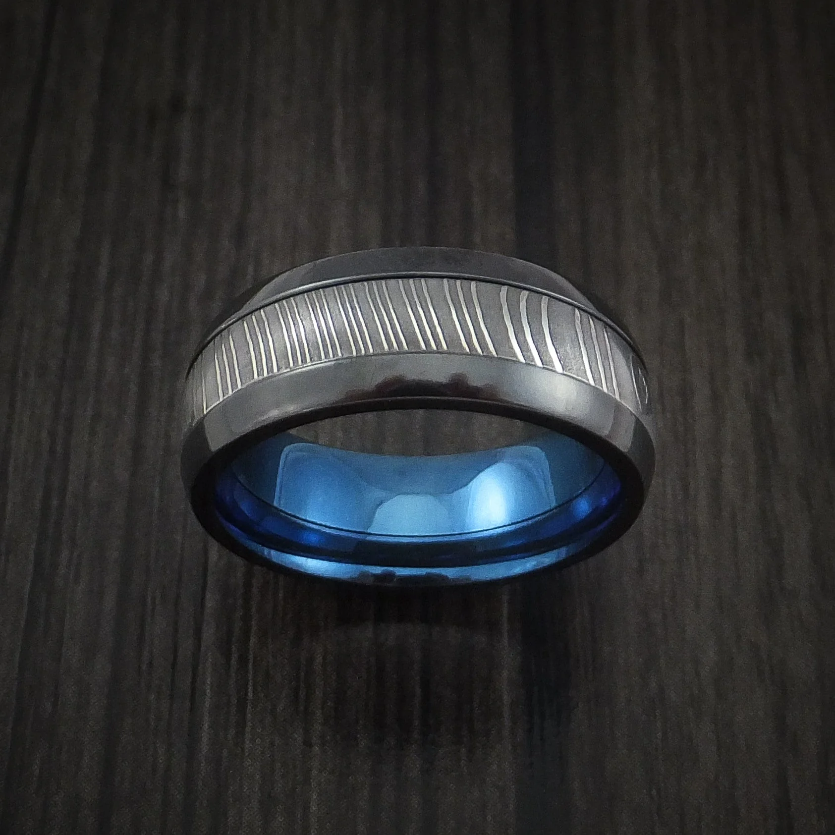 Black Titanium and Damascus Steel Band with Anodized Interior Custom Made Men's Ring - Image 2